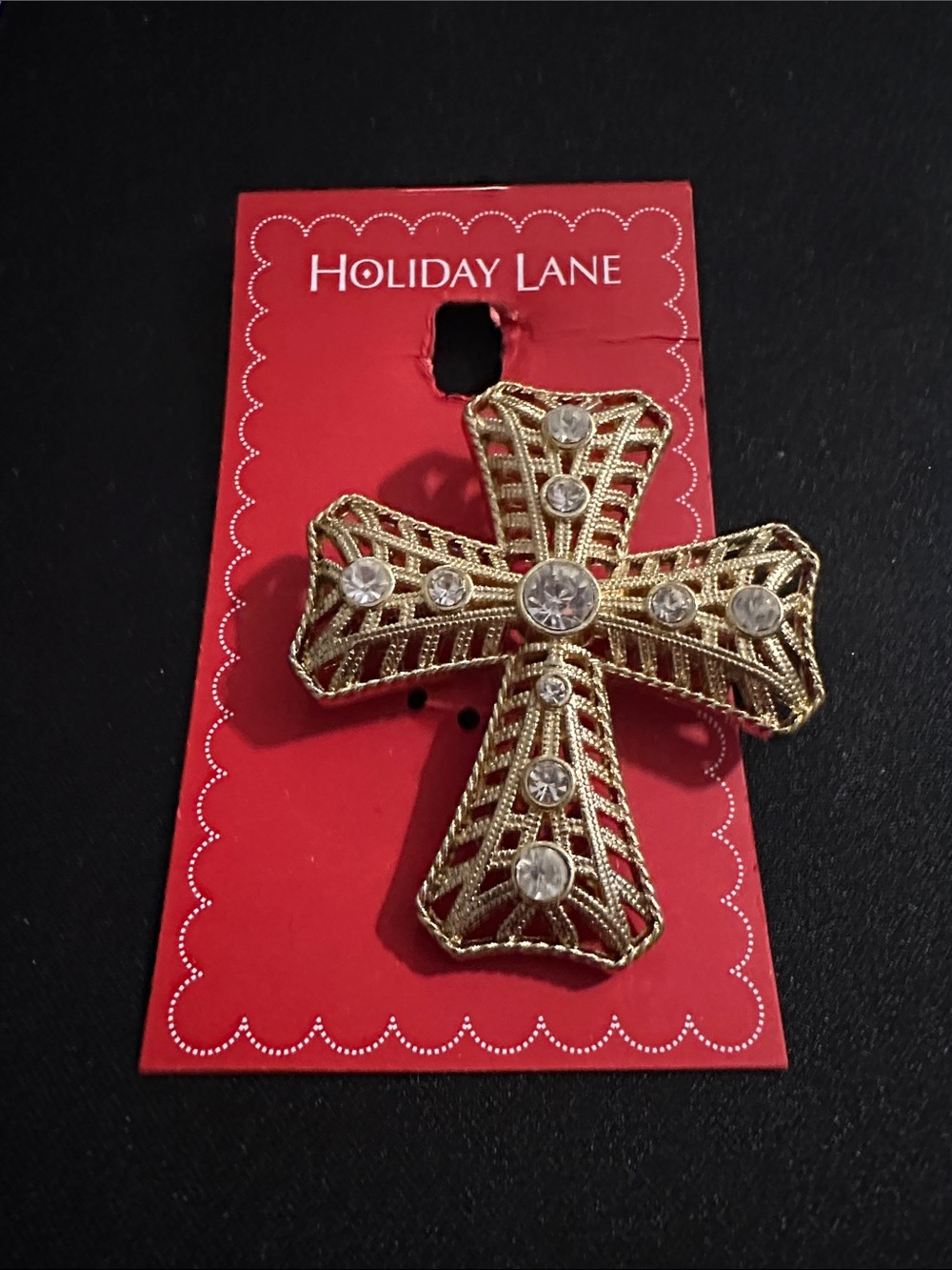Holiday Lane Gold Filigree Cross Brooch with Clear Stones
#19